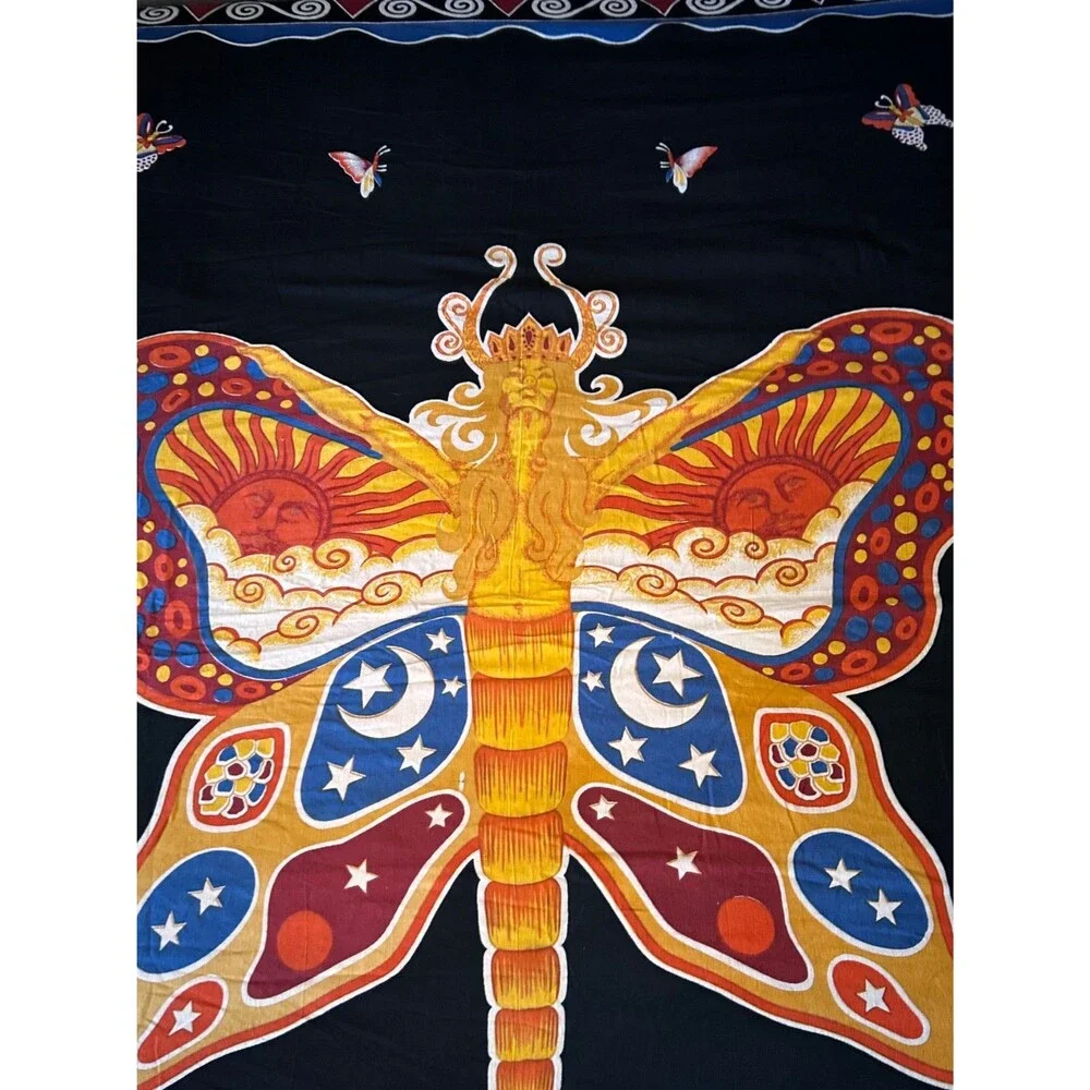 Hand loomed Fairy Butterfly Sun & Moon Tapestry Bed Wall India 85” X 102”‎